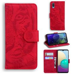 Intricate Embossing Tiger Face Leather Wallet Case for Samsung Galaxy A02 - Red