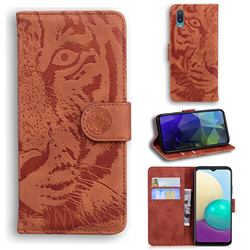 Intricate Embossing Tiger Face Leather Wallet Case for Samsung Galaxy A02 - Brown