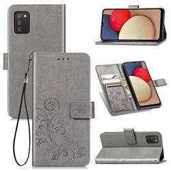 Embossing Imprint Four-Leaf Clover Leather Wallet Case for Samsung Galaxy A02s - Grey