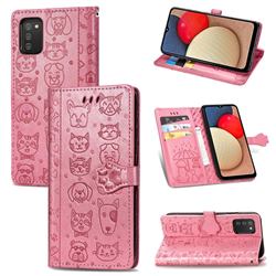 Embossing Dog Paw Kitten and Puppy Leather Wallet Case for Samsung Galaxy A02s - Pink