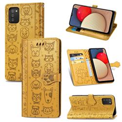 Embossing Dog Paw Kitten and Puppy Leather Wallet Case for Samsung Galaxy A02s - Yellow