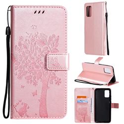 Embossing Butterfly Tree Leather Wallet Case for Samsung Galaxy A02s - Rose Pink
