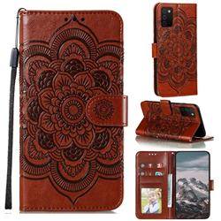 Intricate Embossing Datura Solar Leather Wallet Case for Samsung Galaxy A03s - Brown
