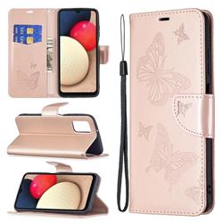 Embossing Double Butterfly Leather Wallet Case for Samsung Galaxy A03s - Rose Gold