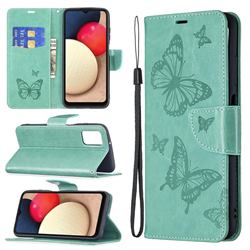 Embossing Double Butterfly Leather Wallet Case for Samsung Galaxy A03s - Green