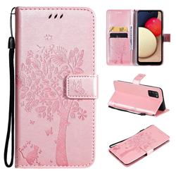 Embossing Butterfly Tree Leather Wallet Case for Samsung Galaxy A03s - Rose Pink