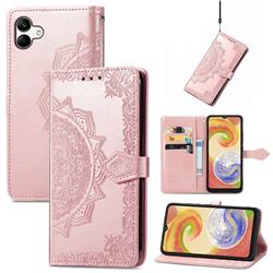 Embossing Imprint Mandala Flower Leather Wallet Case for Samsung Galaxy A04 - Rose Gold