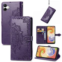 Embossing Imprint Mandala Flower Leather Wallet Case for Samsung Galaxy A04 - Purple