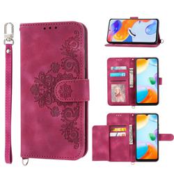 Skin Feel Embossed Lace Flower Multiple Card Slots Leather Wallet Phone Case for Samsung Galaxy A04e - Claret Red