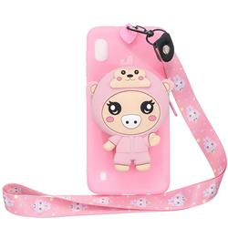 Pink Pig Neck Lanyard Zipper Wallet Silicone Case for Samsung Galaxy A10