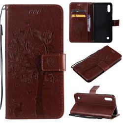 Embossing Butterfly Tree Leather Wallet Case for Samsung Galaxy A10 - Coffee