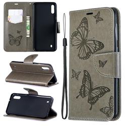 Embossing Double Butterfly Leather Wallet Case for Samsung Galaxy A10 - Gray