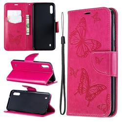 Embossing Double Butterfly Leather Wallet Case for Samsung Galaxy A10 - Red