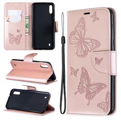 Embossing Double Butterfly Leather Wallet Case for Samsung Galaxy A10 - Rose Gold