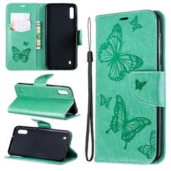 Embossing Double Butterfly Leather Wallet Case for Samsung Galaxy A10 - Green