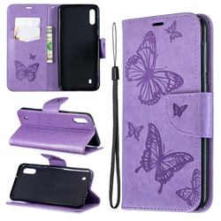 Embossing Double Butterfly Leather Wallet Case for Samsung Galaxy A10 - Purple