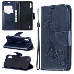 Embossing Double Butterfly Leather Wallet Case for Samsung Galaxy A10 - Dark Blue