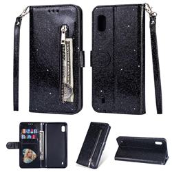 Glitter Shine Leather Zipper Wallet Phone Case for Samsung Galaxy A10 - Black