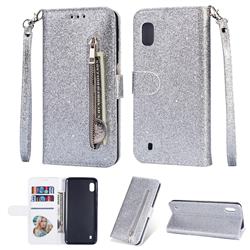 Glitter Shine Leather Zipper Wallet Phone Case for Samsung Galaxy A10 - Silver