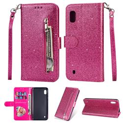 Glitter Shine Leather Zipper Wallet Phone Case for Samsung Galaxy A10 - Rose