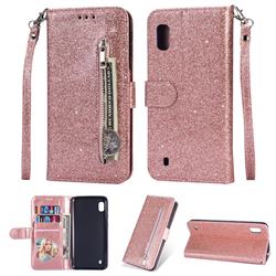 Glitter Shine Leather Zipper Wallet Phone Case for Samsung Galaxy A10 - Pink