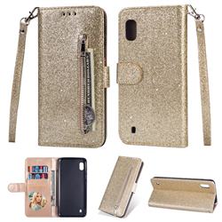 Glitter Shine Leather Zipper Wallet Phone Case for Samsung Galaxy A10 - Gold