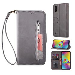 Retro Calfskin Zipper Leather Wallet Case Cover for Samsung Galaxy A10 - Grey