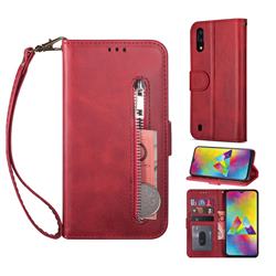 Retro Calfskin Zipper Leather Wallet Case Cover for Samsung Galaxy A10 - Red