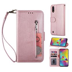 Retro Calfskin Zipper Leather Wallet Case Cover for Samsung Galaxy A10 - Rose Gold