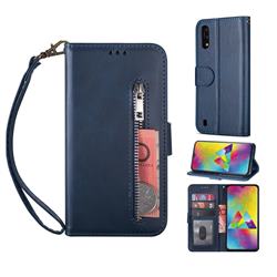 Retro Calfskin Zipper Leather Wallet Case Cover for Samsung Galaxy A10 - Blue