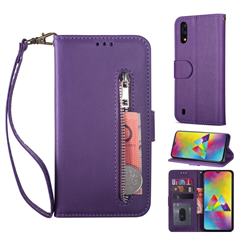 Retro Calfskin Zipper Leather Wallet Case Cover for Samsung Galaxy A10 - Purple