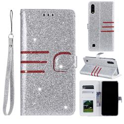 Retro Stitching Glitter Leather Wallet Phone Case for Samsung Galaxy A10 - Silver