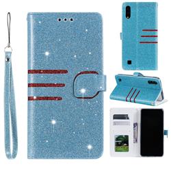 Retro Stitching Glitter Leather Wallet Phone Case for Samsung Galaxy A10 - Blue