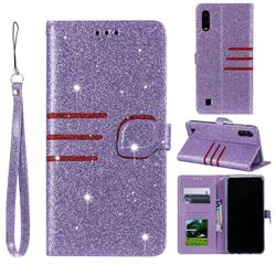 Retro Stitching Glitter Leather Wallet Phone Case for Samsung Galaxy A10 - Purple