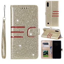 Retro Stitching Glitter Leather Wallet Phone Case for Samsung Galaxy A10 - Golden