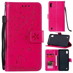 Embossing Cherry Blossom Cat Leather Wallet Case for Samsung Galaxy A10 - Rose