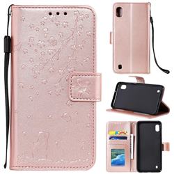 Embossing Cherry Blossom Cat Leather Wallet Case for Samsung Galaxy A10 - Rose Gold