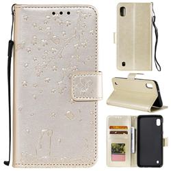 Embossing Cherry Blossom Cat Leather Wallet Case for Samsung Galaxy A10 - Golden