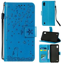 Embossing Cherry Blossom Cat Leather Wallet Case for Samsung Galaxy A10 - Blue