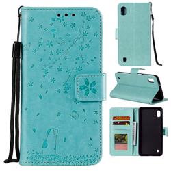 Embossing Cherry Blossom Cat Leather Wallet Case for Samsung Galaxy A10 - Green