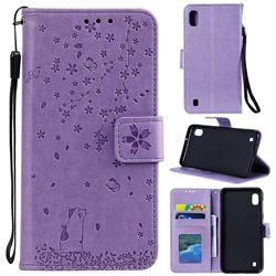 Embossing Cherry Blossom Cat Leather Wallet Case for Samsung Galaxy A10 - Purple
