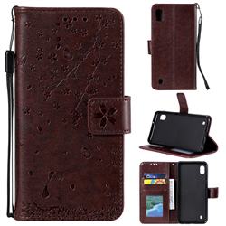 Embossing Cherry Blossom Cat Leather Wallet Case for Samsung Galaxy A10 - Brown