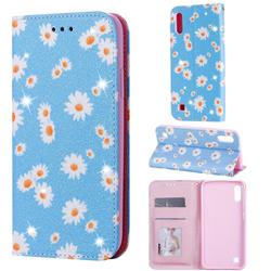 Ultra Slim Daisy Sparkle Glitter Powder Magnetic Leather Wallet Case for Samsung Galaxy A10 - Blue