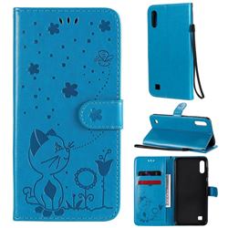 Embossing Bee and Cat Leather Wallet Case for Samsung Galaxy A10 - Blue