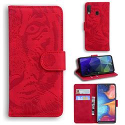 Intricate Embossing Tiger Face Leather Wallet Case for Samsung Galaxy A10e - Red