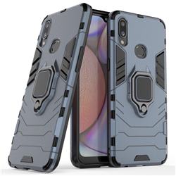 Black Panther Armor Metal Ring Grip Shockproof Dual Layer Rugged Hard Cover for Samsung Galaxy A10s - Blue