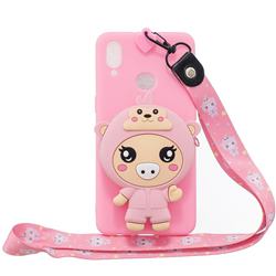 Pink Pig Neck Lanyard Zipper Wallet Silicone Case for Samsung Galaxy A10s