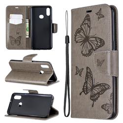 Embossing Double Butterfly Leather Wallet Case for Samsung Galaxy A10s - Gray
