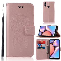 Intricate Embossing Owl Campanula Leather Wallet Case for Samsung Galaxy A10s - Rose Gold