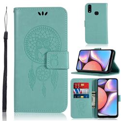 Intricate Embossing Owl Campanula Leather Wallet Case for Samsung Galaxy A10s - Green
